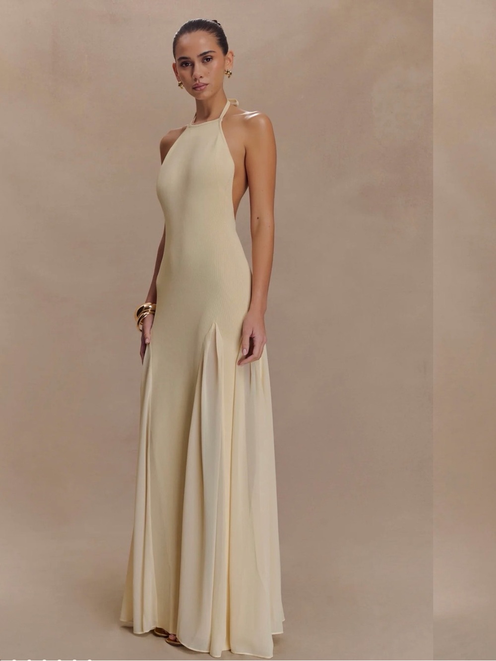 Backless Halter Maxi Dress in Cream